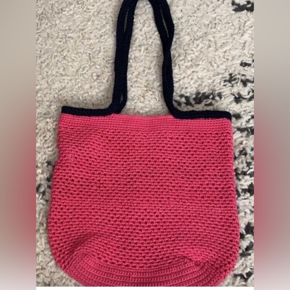 NWOT J.Crew Crocheted Tote Bag cotton Pink, Navy. Bought NWT, handwashed, unused